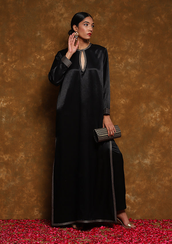 Black Long Mushru Kurta with Gold Trimmings paired with Straight Pants