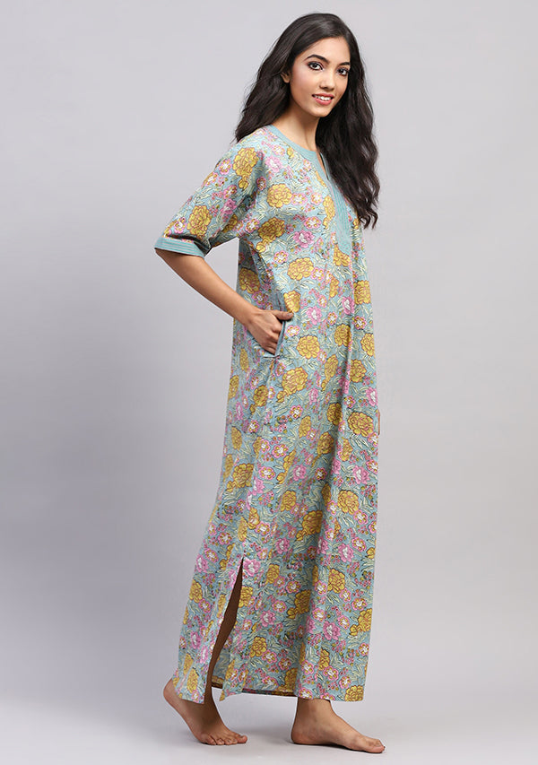 Aqua Yellow Hand Block Printed Floral Nighty Kaftan with Contrast Stitch Lines