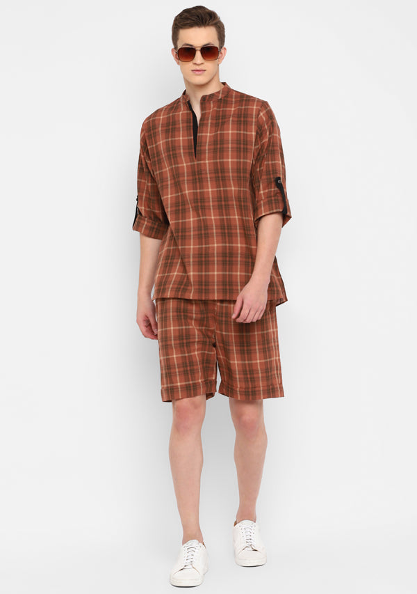 Brown Black Checked Cotton Shirt and Shorts For Men