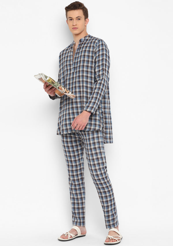Blue Brown Checked Cotton  Shirt and Pyjamas For Men