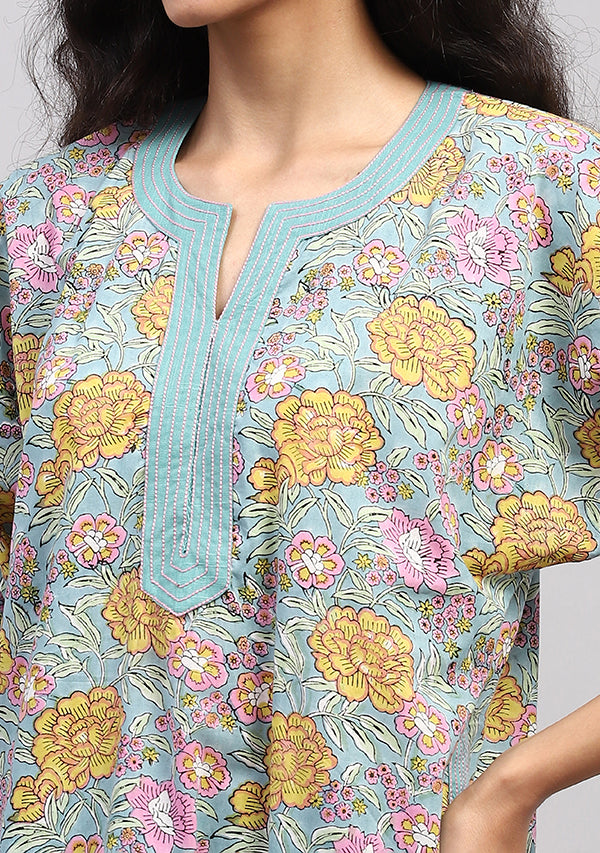 Aqua Yellow Hand Block Printed Floral Nighty Kaftan with Contrast Stitch Lines
