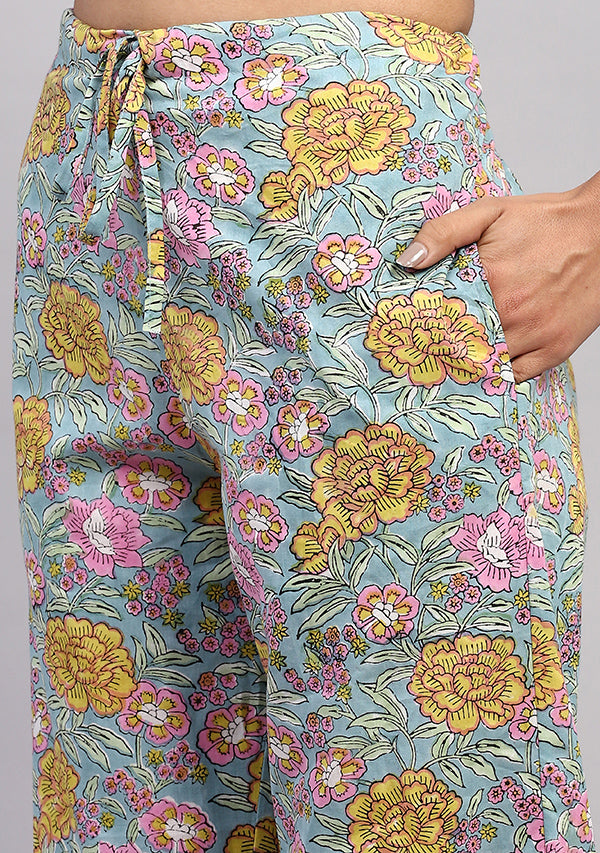 Aqua Yellow Floral Hand Block Printed Cotton Night Suit