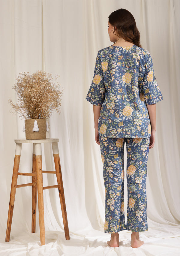 Blue Yellow Hand Block Floral Printed Cotton Night Suit