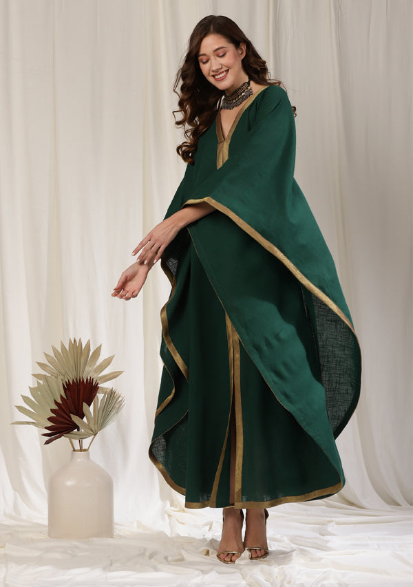 Flowy Emerald Green Cotton Kaftan with Contrast Bronze Tissue Trimmings