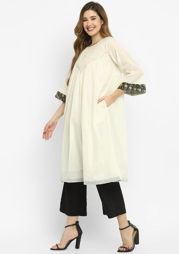 Ivory Mulmul A-Line Kurta Dress With Black Pintucks Paired with Cotton Pants/Slip
