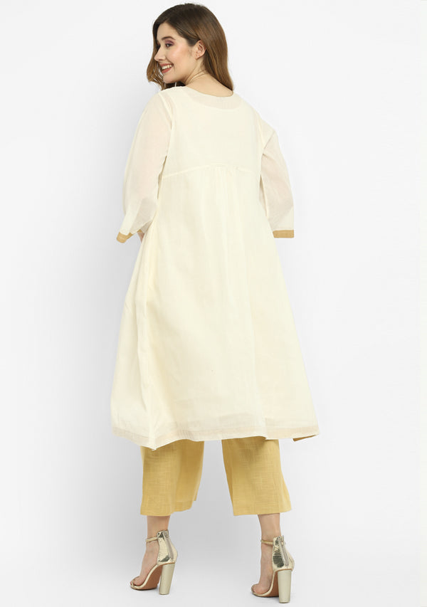 Ivory Mulmul A-Line Kurta Dress With Gold Pintucks Paired with Cotton Pants/Slip