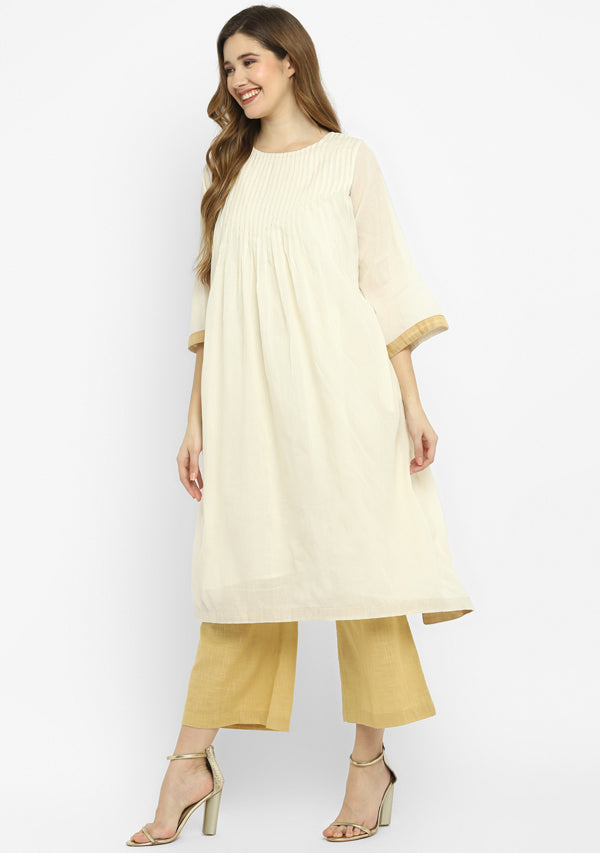 Ivory Mulmul A-Line Kurta Dress With Gold Pintucks Paired with Cotton Pants/Slip