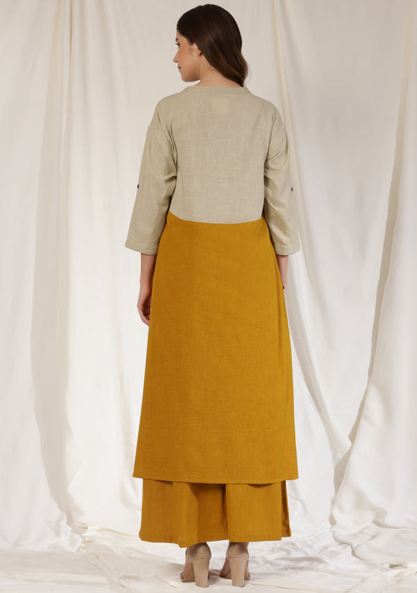 Mustard Cotton Co-ord Set with Beige Yoke Black and Contrast Trimmings