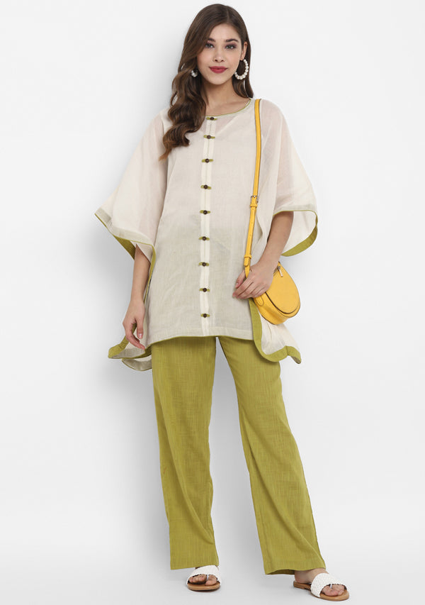 Off White Mulmul Short Kaftan Set With Contrast Olive Green Trimmings And Pants - unidra.myshopify.com