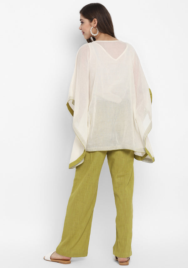 Off White Mulmul Short Kaftan Set With Contrast Olive Green Trimmings And Pants - unidra.myshopify.com