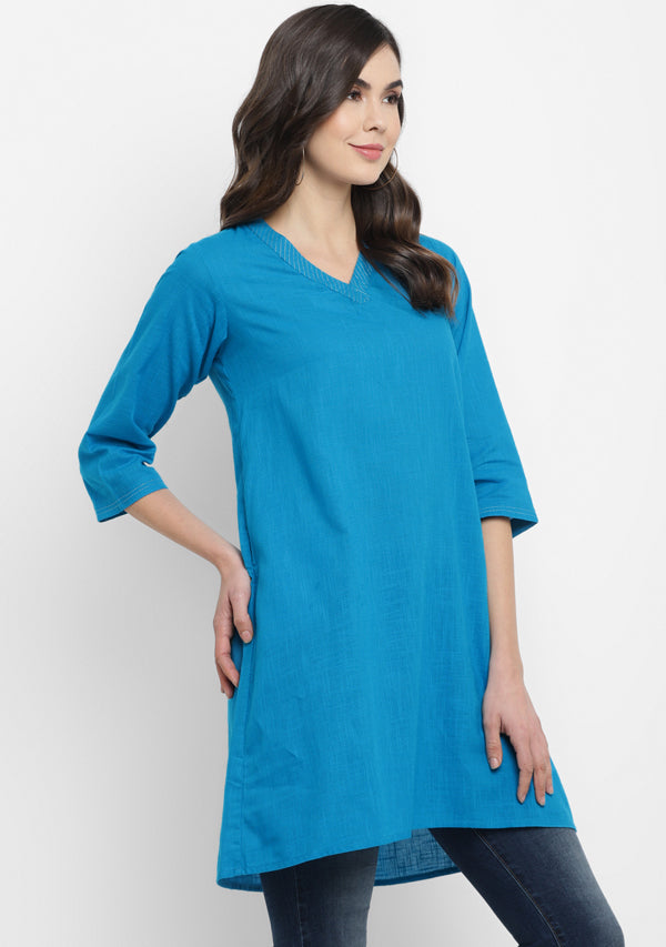 Turquoise V-Neck Cotton Tunic Kurti With Metallic Trimmings - unidra.myshopify.com