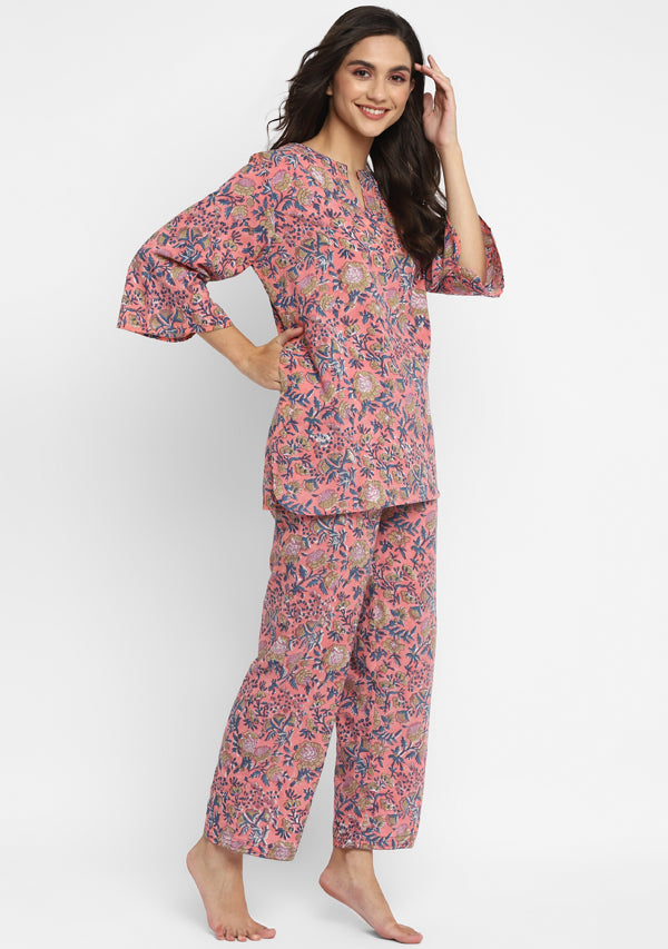 Peach Blue Hand Block Floral Printed Cotton Night Suit