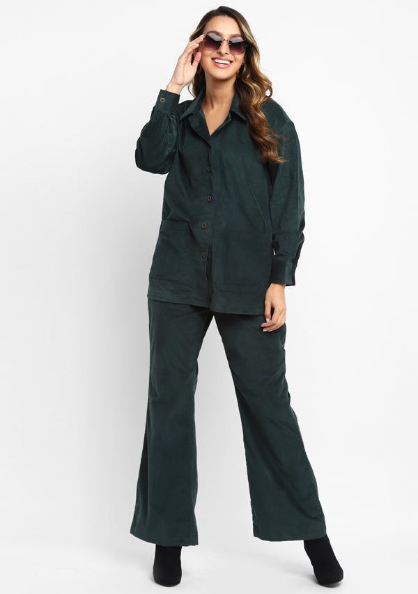 Bottle Green Corduroy Collared  Co-ord Set