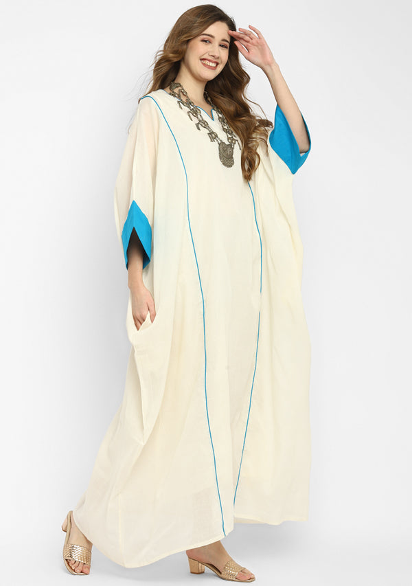 Off White And Turquoise Mulmul Kaftan With Cuff Sleeves And Contrast Trimmings with Slip