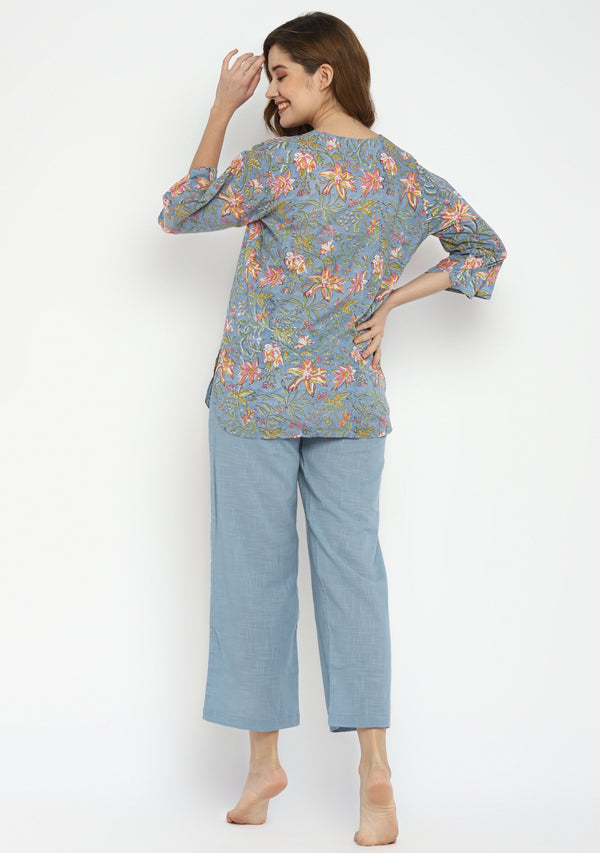 Smoke Blue Floral Hand Block Printed Cotton Night Suit