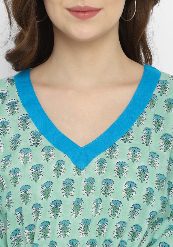 Aqua Turquoise Hand Block Flower Motif Printed Short Kaftan with Elasticated Shorts