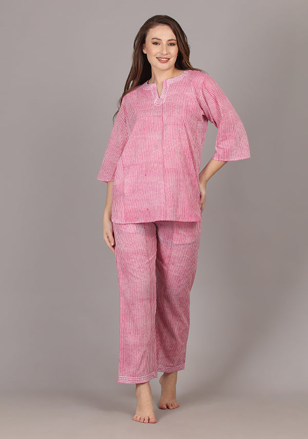 Pink White Striped Hand Block Printed Cotton Night Suit
