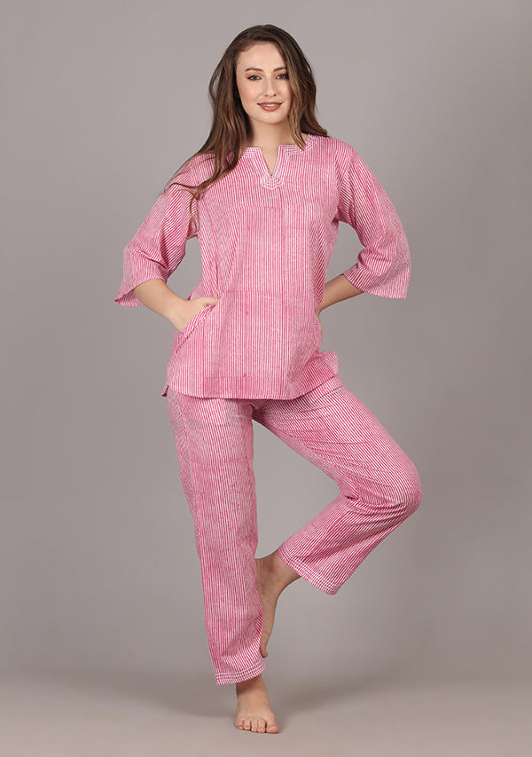 Pink White Striped Hand Block Printed Cotton Night Suit