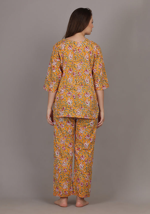 Yellow Red Floral Hand Block Printed Cotton Night Suit