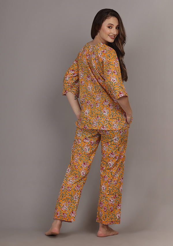 Yellow Red Floral Hand Block Printed Cotton Night Suit
