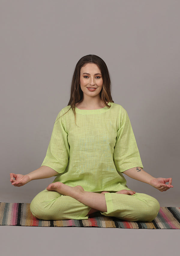Neon Green Cotton Yoga Wear With Sleeves