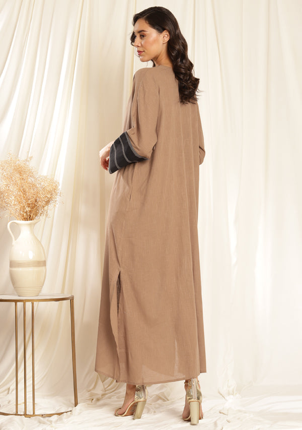 Brown Black Cotton Kaftan Dress with Bronze Trimmings on Neckline and Cuffs