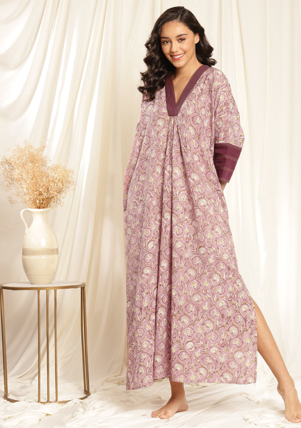 Wine Maroon Floral Hand Block Printed Cotton Nighty Kaftan with Bronze Trimmings on Neckline and Cuffs
