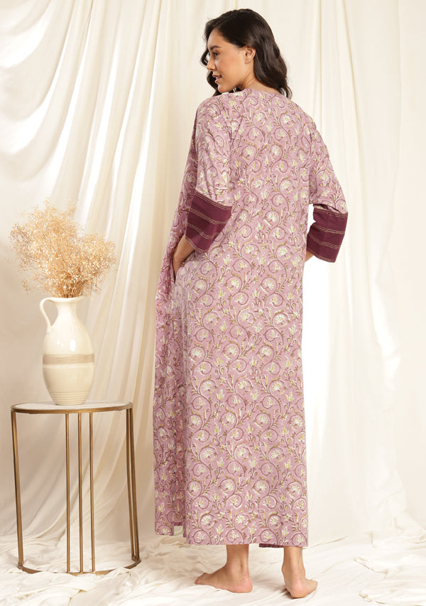 Wine Maroon Floral Hand Block Printed Cotton Nighty Kaftan with Bronze Trimmings on Neckline and Cuffs