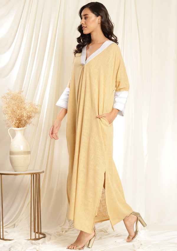 Beige Ivory Cotton Kaftan Dress with Bronze Trimmings on Neckline and Cuffs