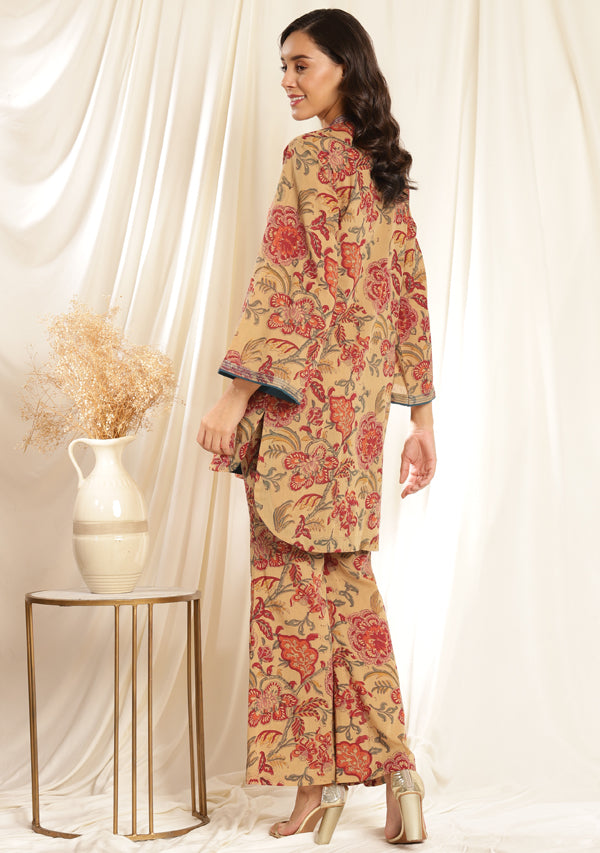 Mulmul Mustard Printed Co-ord Set with Printed Bell Bottom Pants and Bronze Trimmings