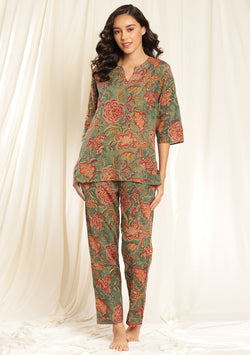 Aqua Red Floral Hand Block Printed Mulmul Night Suit with Bronze Trimmings