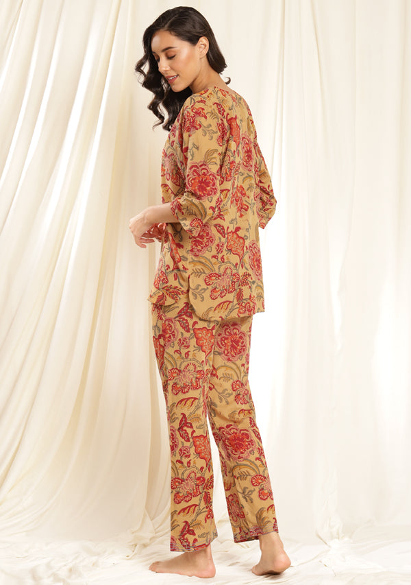 Mustard Red Floral Hand Block Printed Mulmul Night Suit with Bronze Trimmings