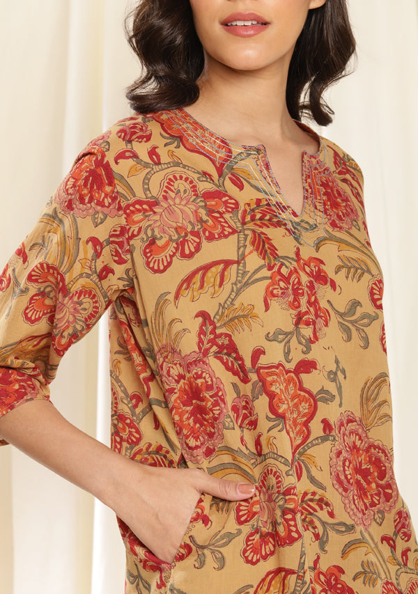 Mustard Red Floral Hand Block Printed Mulmul Night Suit with Bronze Trimmings