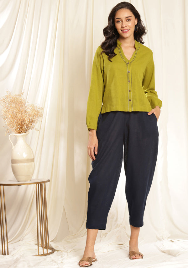 Olive Green Co-ord Set with Contrast Navy Blue Pants and Bronze Trimmings