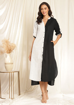 Black White Front Open Cotton Shirt Dress with Wooden Buttons and Contrast Trimmings