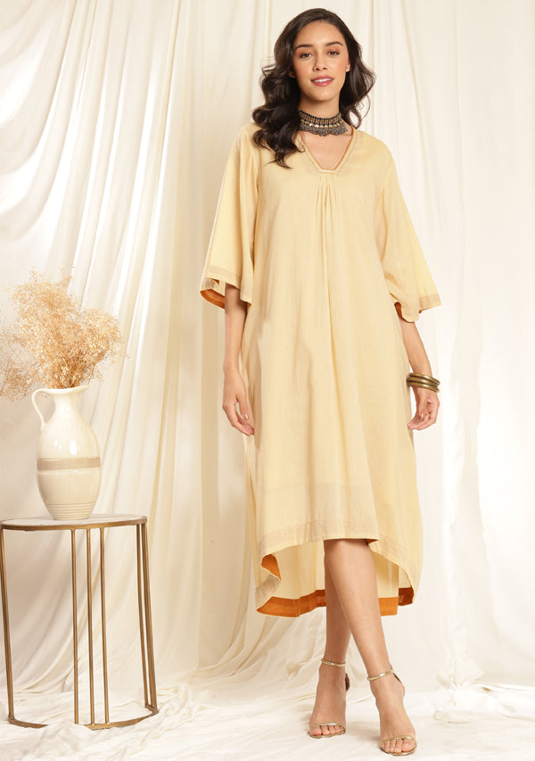 Beige Mustard Mulmul Dress with Contrast Trimmings (with Slip)