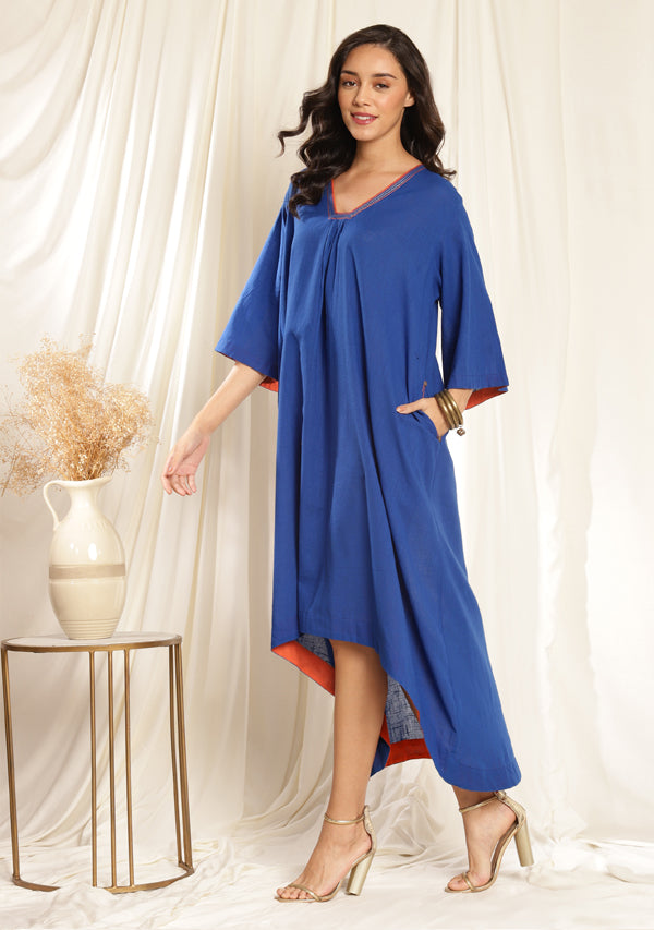 Royal Blue Asymmetric Cotton Dress with Contrast Trimmings