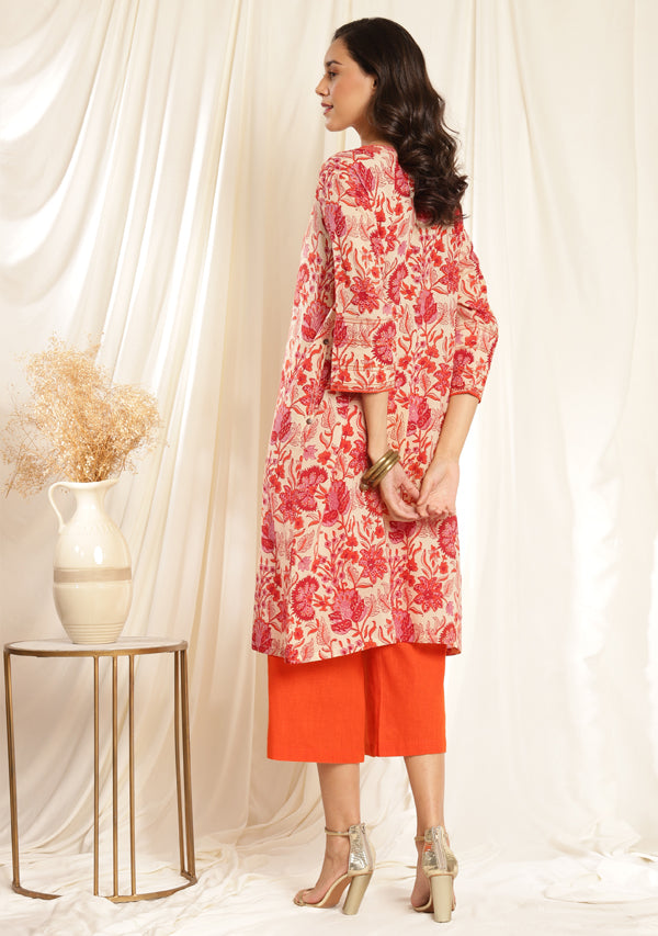 Ivory Orange Floral Hand Block Printed Mulmul Co-ord Set with Orange Pants and Bronze Trimmings