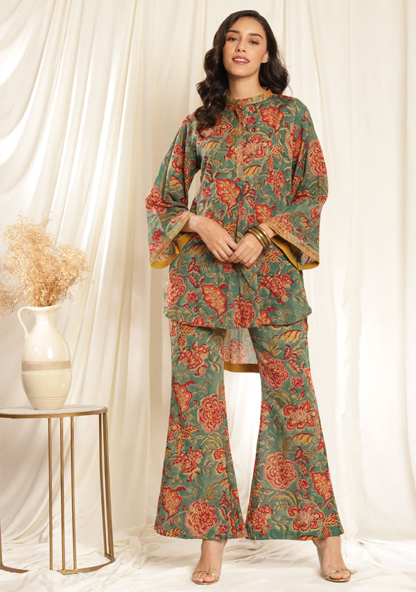 Teal Blue Floral Hand Block Printed  Co-ord Set with Flared Pants and Bronze Trimmings