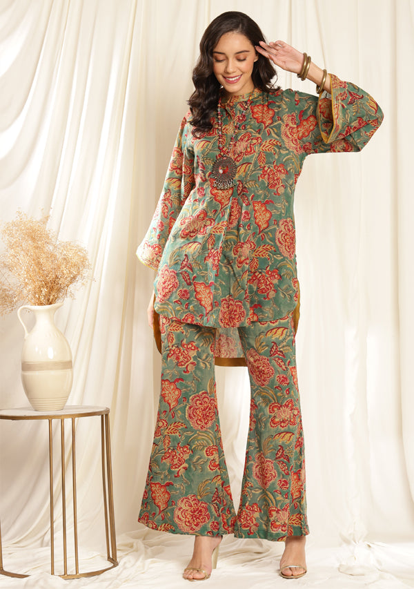 Teal Blue Floral Hand Block Printed  Co-ord Set with Flared Pants and Bronze Trimmings