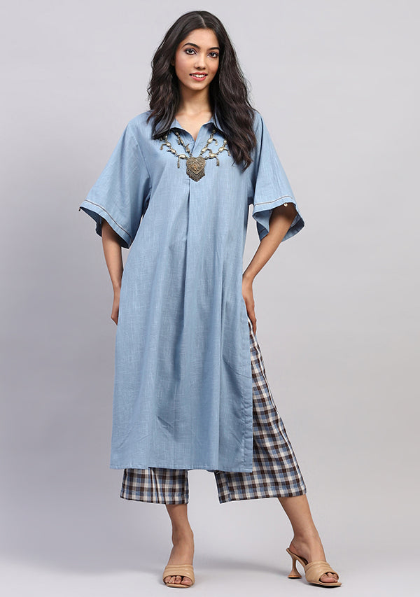 Smoke Blue Collared Co-ord Set with Check Pants