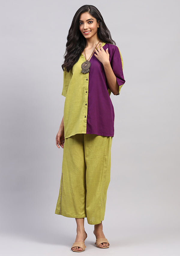Olive Green Mauve Front Open Cotton Co-ord Set  with Pants