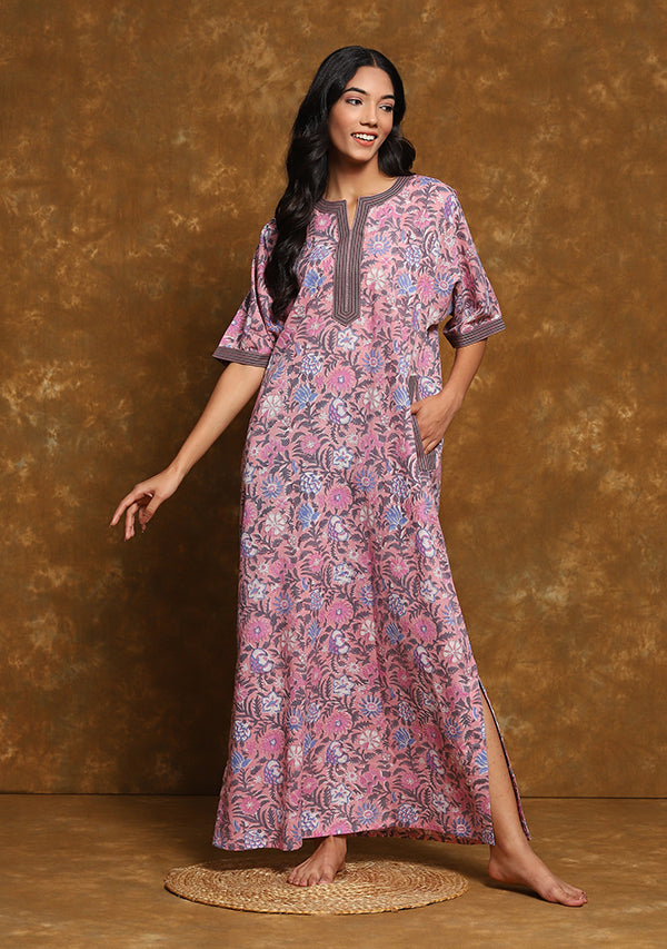 Pink Grey Floral Hand Block Printed Flower Motif Nighty Kaftan with Stitch Lines