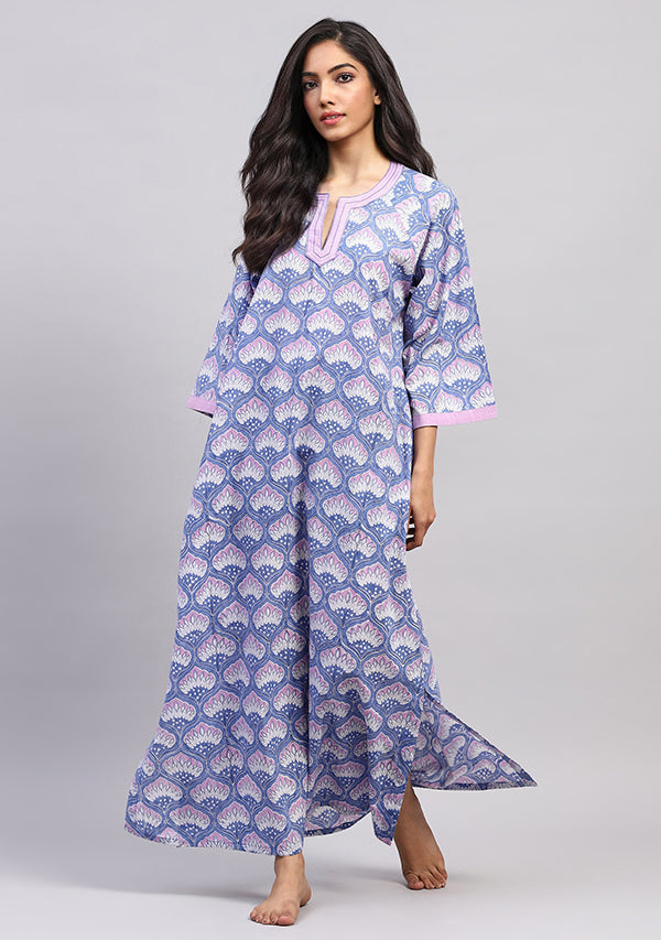 Blue Lilac Hand Block Printed Floral Nighty Kaftan with Contrast Stitch Lines