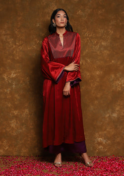 Red Pathan Style Mushru Kurta with Gold Trimmings paired with Purple Pants