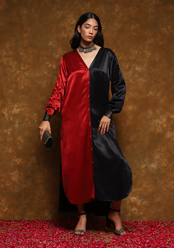 Red Black Front Open Mushru Shirt Dress with Gold Trimmings on Cuffs