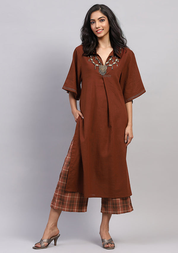 Brown Collared Co-ord Set Paired With Check Pants