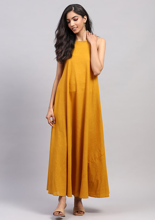 Mustard Sleeveless A-Line Long Cotton Dress