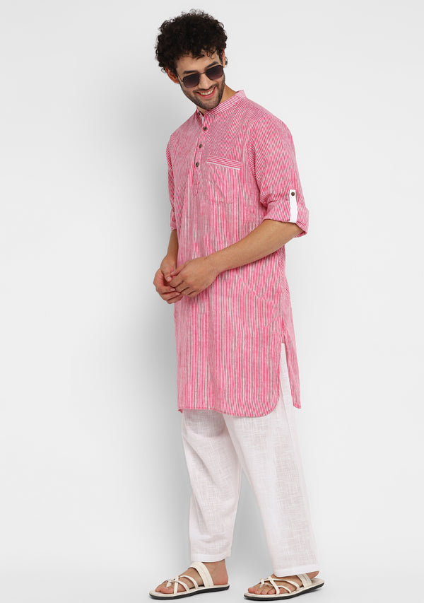 Pink White Striped Kurta and Pathani Salwar For Men