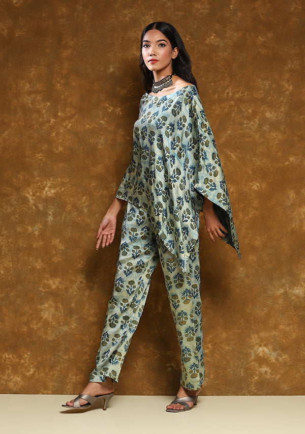 Blue Yellow Hand Block Printed Modal Cape with Matching Pants